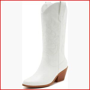 Mid Calf Embroidered Cowgirl Boots, Slip On Pointed Toe Chunky Heel